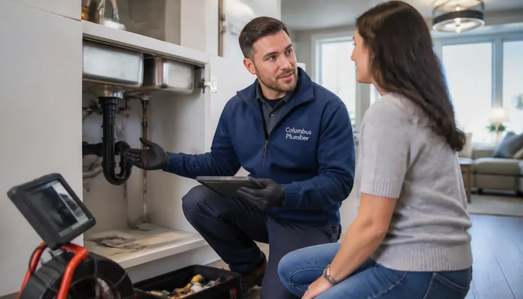 Pipe & Leak Repair 3 Professional Columbus plumber discussing pipe leak repair service with a homeowner in a modern home