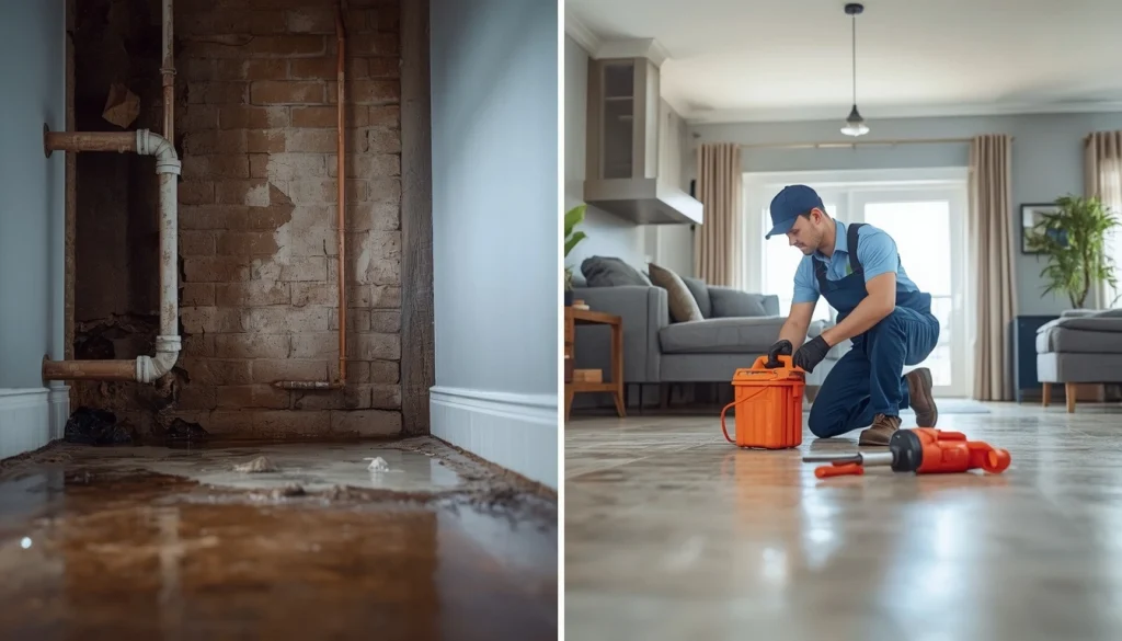 Before and after emergency plumber repair of a burst pipe and water leak in a Columbus home